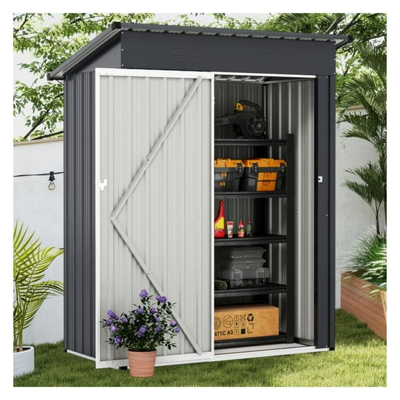 Outdoor Storage Shed 5x3 ft - Lockable Metal Garden Tool Shed - Weatherproof Sloped Roof - Gray - 67 Cu.ft Capacity