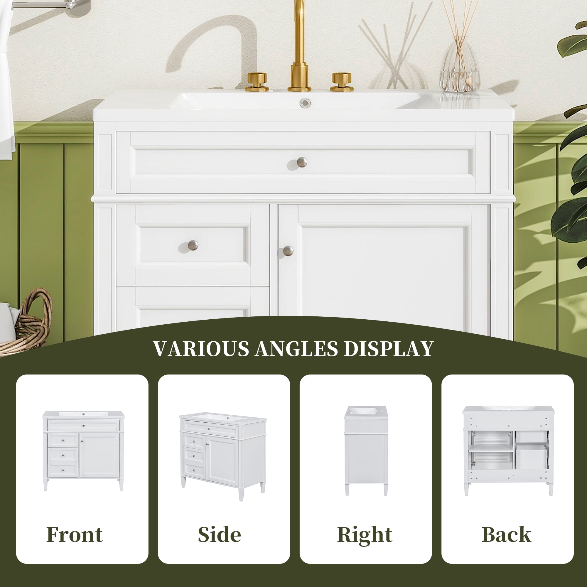 EUROCO 36'' Bathroom Vanity with Sink, Modern Bathroom Storage Cabinet with 2 Drawers and a Tip-out Drawer, Freestanding Bathroom Dresser, White