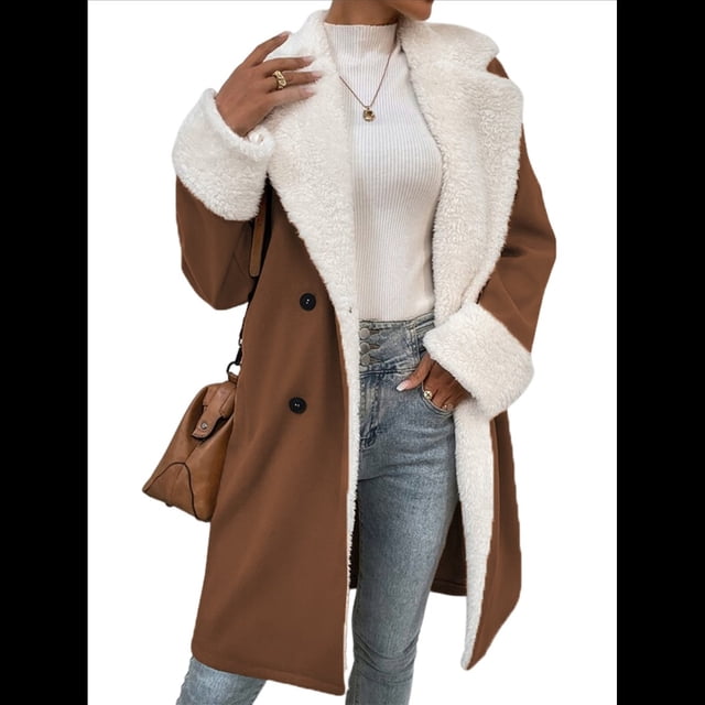 Abrigos de Invierno de Larga con Solapa Forrada para Mujer, Chaqueta Larga y Cálida con Doble Botonadura, Abrigo de Felpa. Marrón Oscuro XL