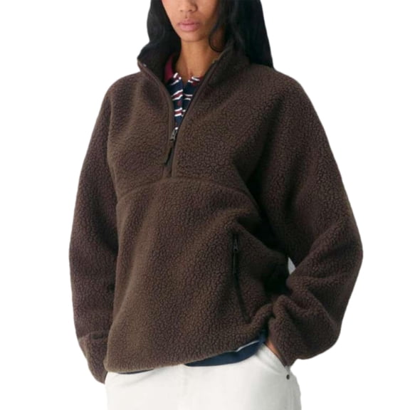 Czanzd Women's Oversized Sherpa Fleece Half-Zip Pullover Warm Stand Collar Side Pockets Fall Winter Outerwear(Brown,XS)