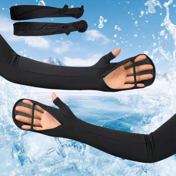 Black Ice Silk Cooling Arm Sleeves with Thumb Holes, UPF 50 Sun Protection 21.1-Inch Long Athletic Compression Sleeves for Cycling & Sports