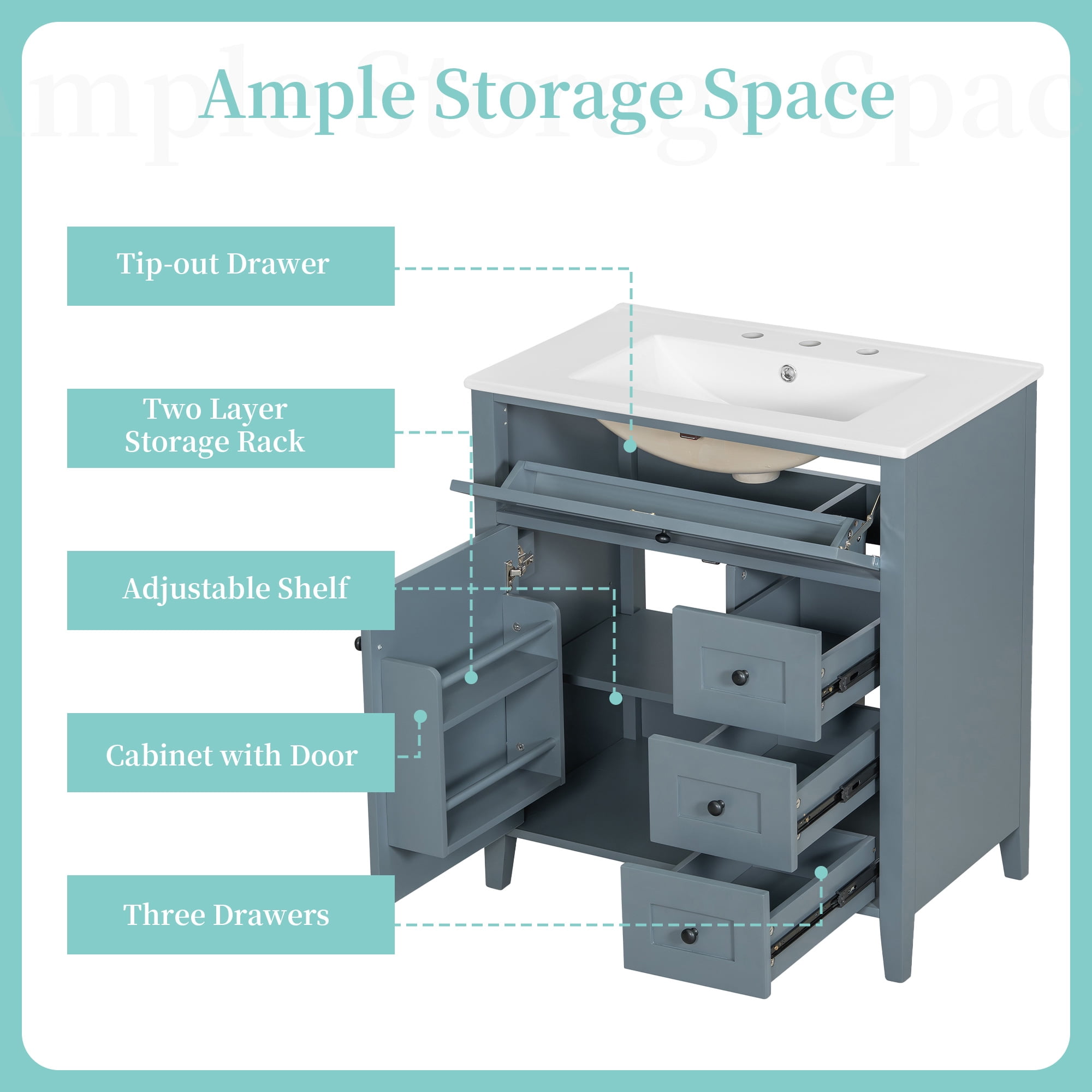 Anpport 30" Freestanding Bathroom Vanity with Sink, Modern MDF & Rubberwood Cabinet, 3 Drawers, Adjustable Shelf & Left‑Side Door, Blue Grey