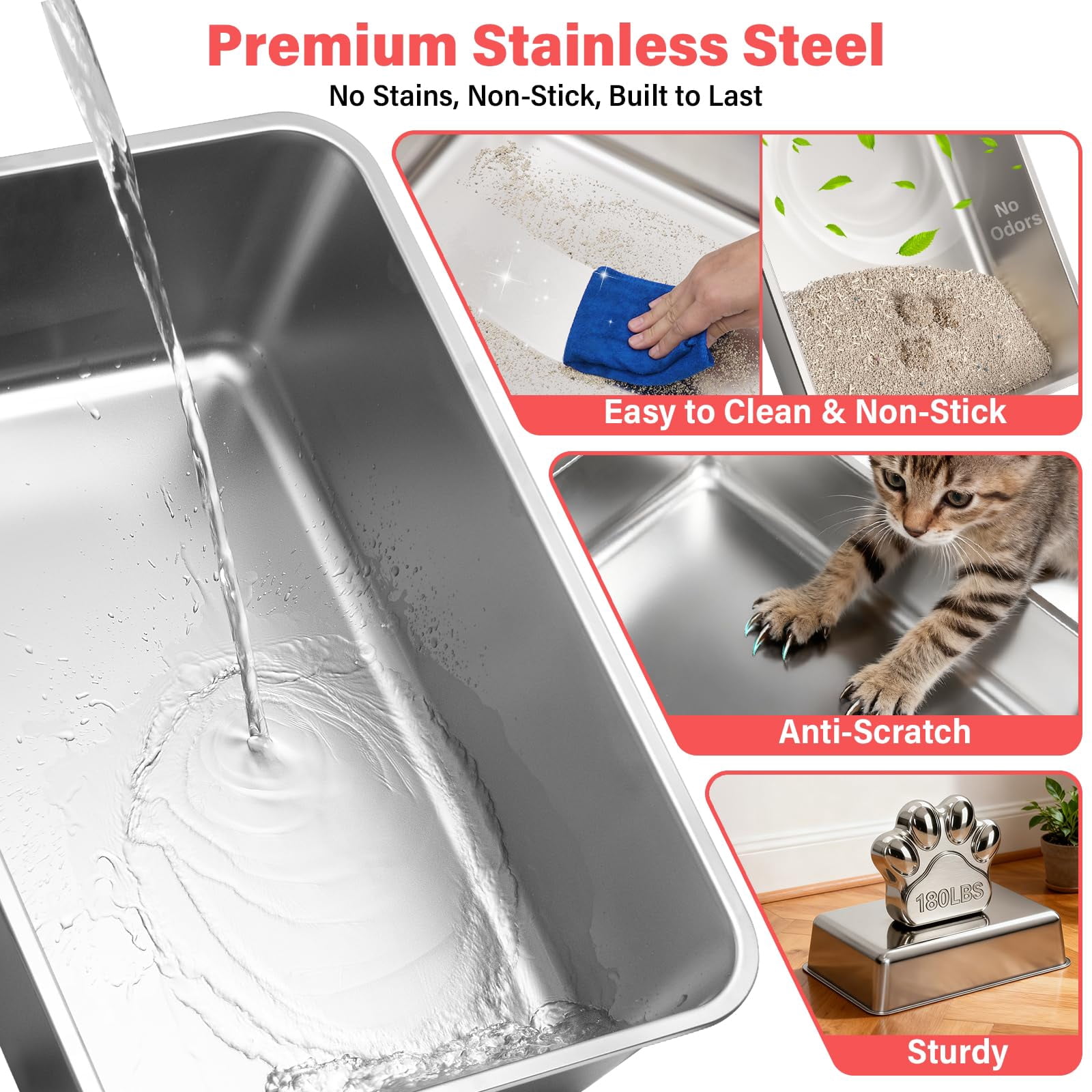 Stainless Steel Cat Litter Box With Lid  Xl Metal High Sided Odor-free/anti-urine Leakage & Non-stick Extra Large Mat Scoop For Multiple/big Cats Easy Cleaning (grey)