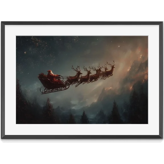 Santa Claus Sleigh Ride Canvas Wall Art, Vintage Christmas Reindeer Flying Night, Matte Canvas Stretched, Posters for Room Bedroom Living Room Bathroom Wall Decor, Posters & Art Prints, Gift.