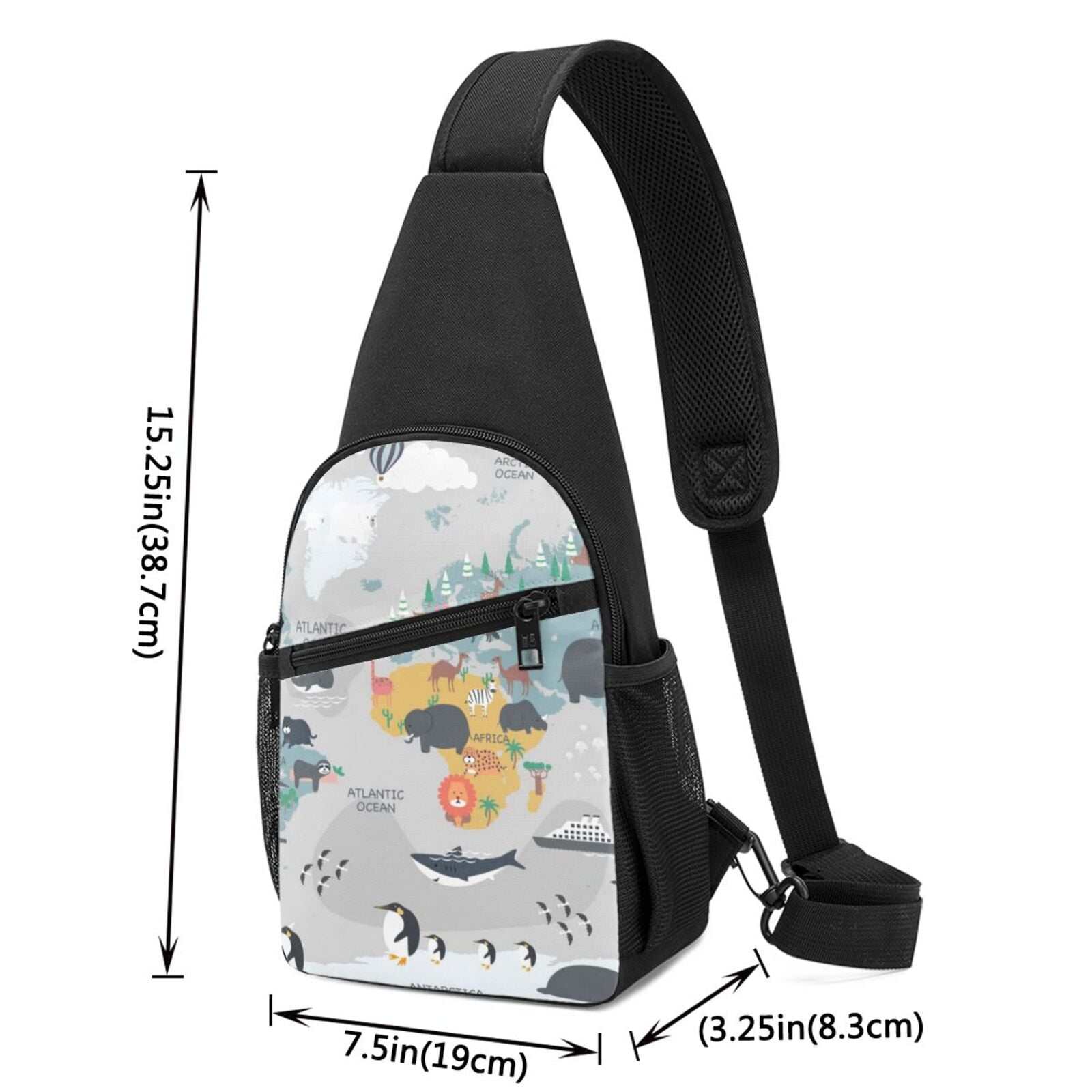 Xecao's The World Map with Cartoon Animals Print Sling Bag: A Versatile Chest, Shoulder, and Crossbody Backpack for Casual Days Out, Perfect for Both Men and Women