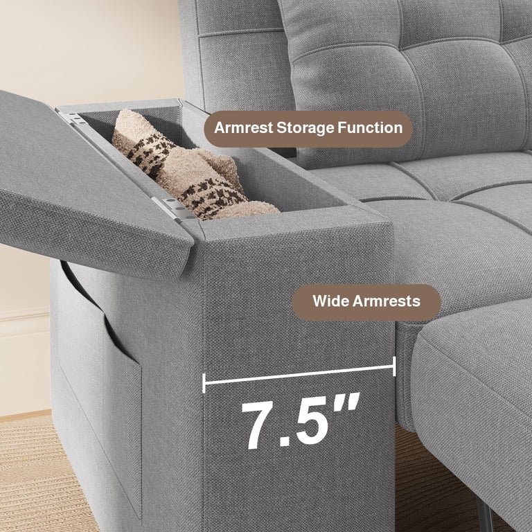 Noelse 3-in-1 Convertible Sofa Bed, Gray with Storage Armrest photo 3