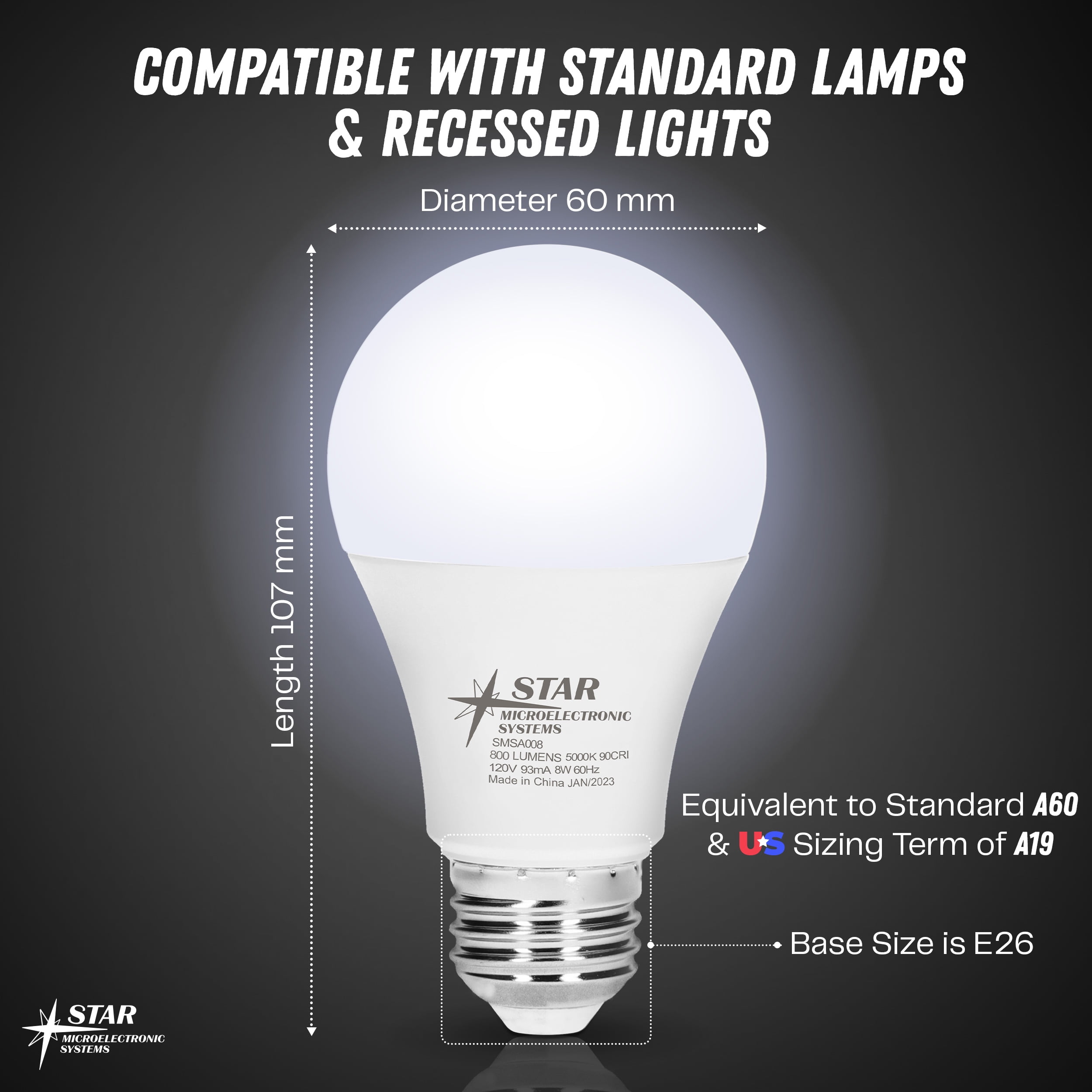 Star Microelectronic Systems LED Light Bulb 90 CRI 800 Lumens 5000K 33,000Hrs A19 Non-Dimmable (10 Count)