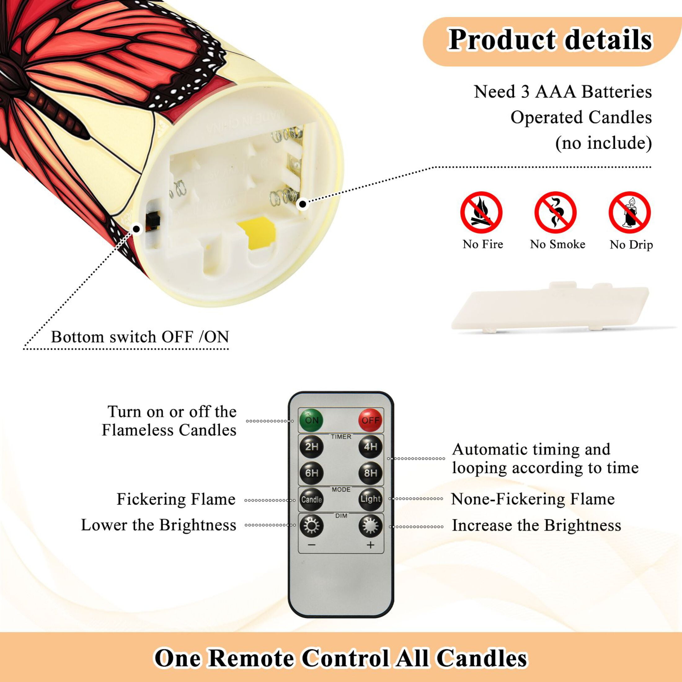 Stained Glass Butterfly Pattern Flameless Candles 2 PCS with Remote Realistic Moving Flame LED Tapered Pillar Set for Home Decor