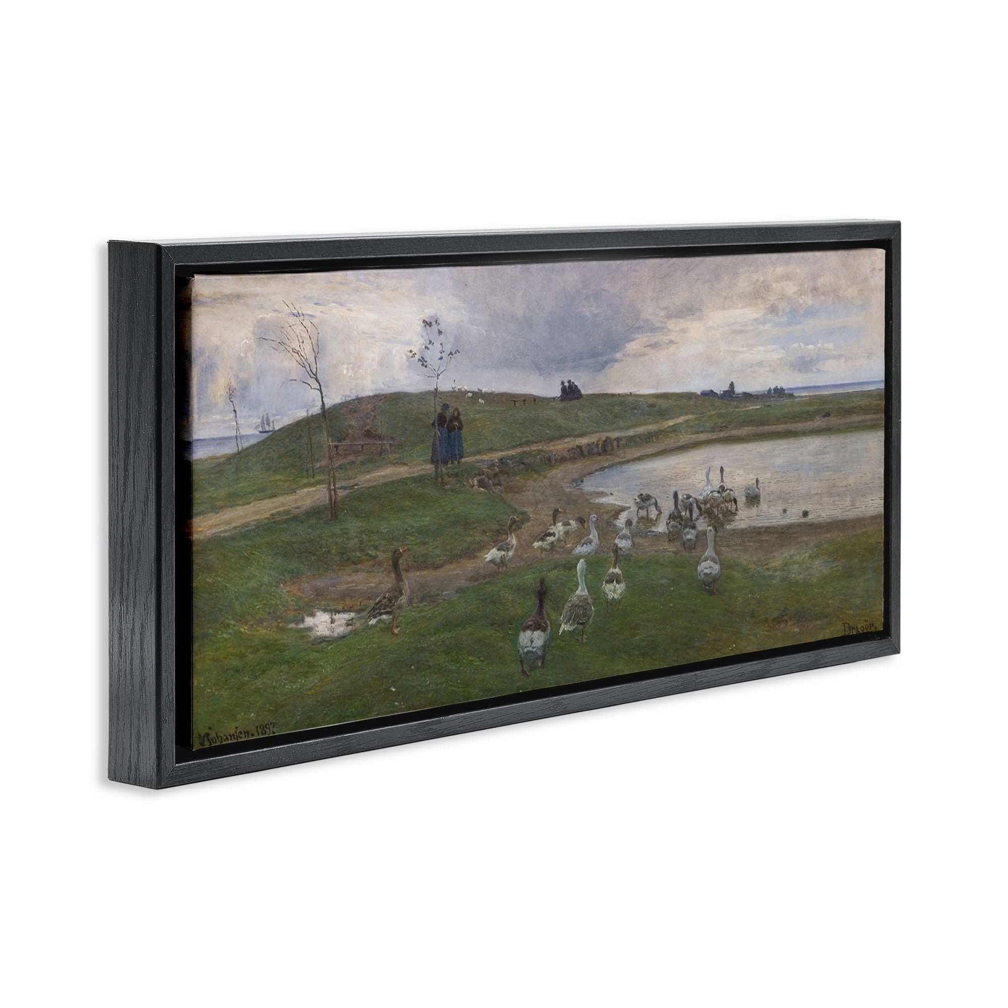 Stupell Industries Ducks Wading in Pond Landscape & Nature Painting Black Floater Framed Canvas Art Print Wall Art, 25 x 11