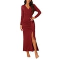 thumbnail image 1 of Vestido Maxi Bodycon de Mujer Inspire Chic con Cuello en V, Manga Larga, Lado Abierto, Vestido de Fiesta M Rojo Vino, 1 of 6