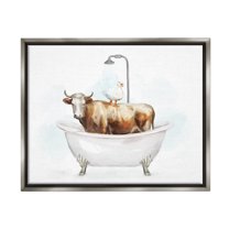 Stupell Industries Duck & Cow in Tub Animals & Insects Painting Gray Floater Framed Canvas Art Print Wall Art, 21 x 17