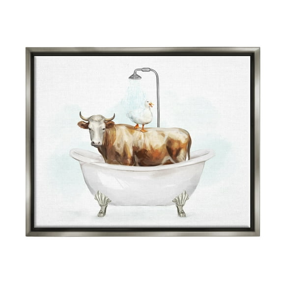 Stupell Industries Duck & Cow in Tub Animals & Insects Painting Gray Floater Framed Canvas Art Print Wall Art, 21 x 17