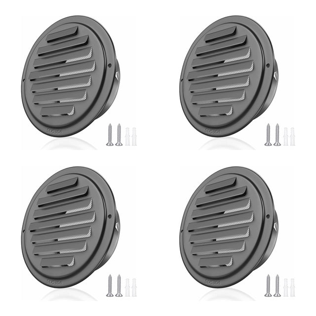 4x rejillas de ventilación de acero inoxidable 304 de 4 pulgadas, cubierta redonda negra con lamas a 45° y rejilla fina integrada para evitar entrada de lluvia y objetos; paquete de cuatro tapas de 10 cm con 8 tornillos y 8 tacos, vista frontal en 3/4 sobre fondo blanco.
