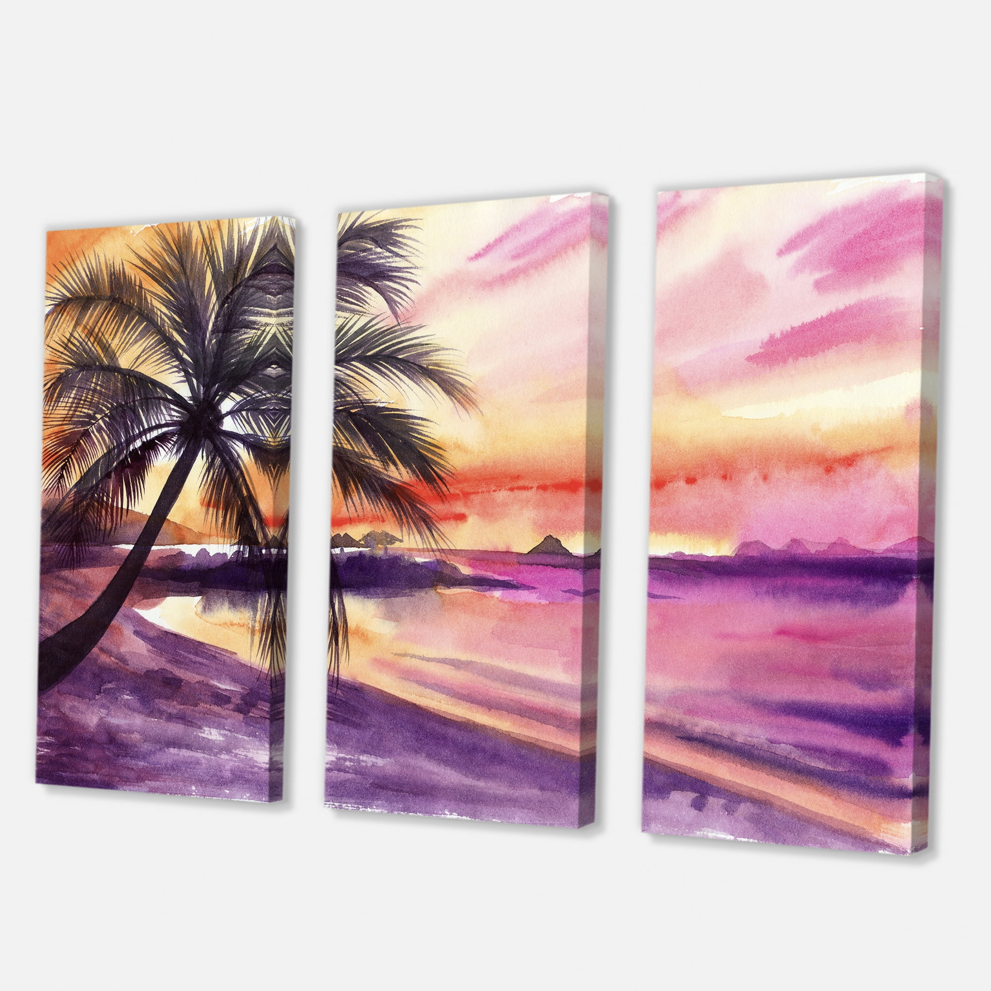 Purple and Pink Palm Beach Sunset 28 in x 36 in Painting Canvas Art Print, by Designart