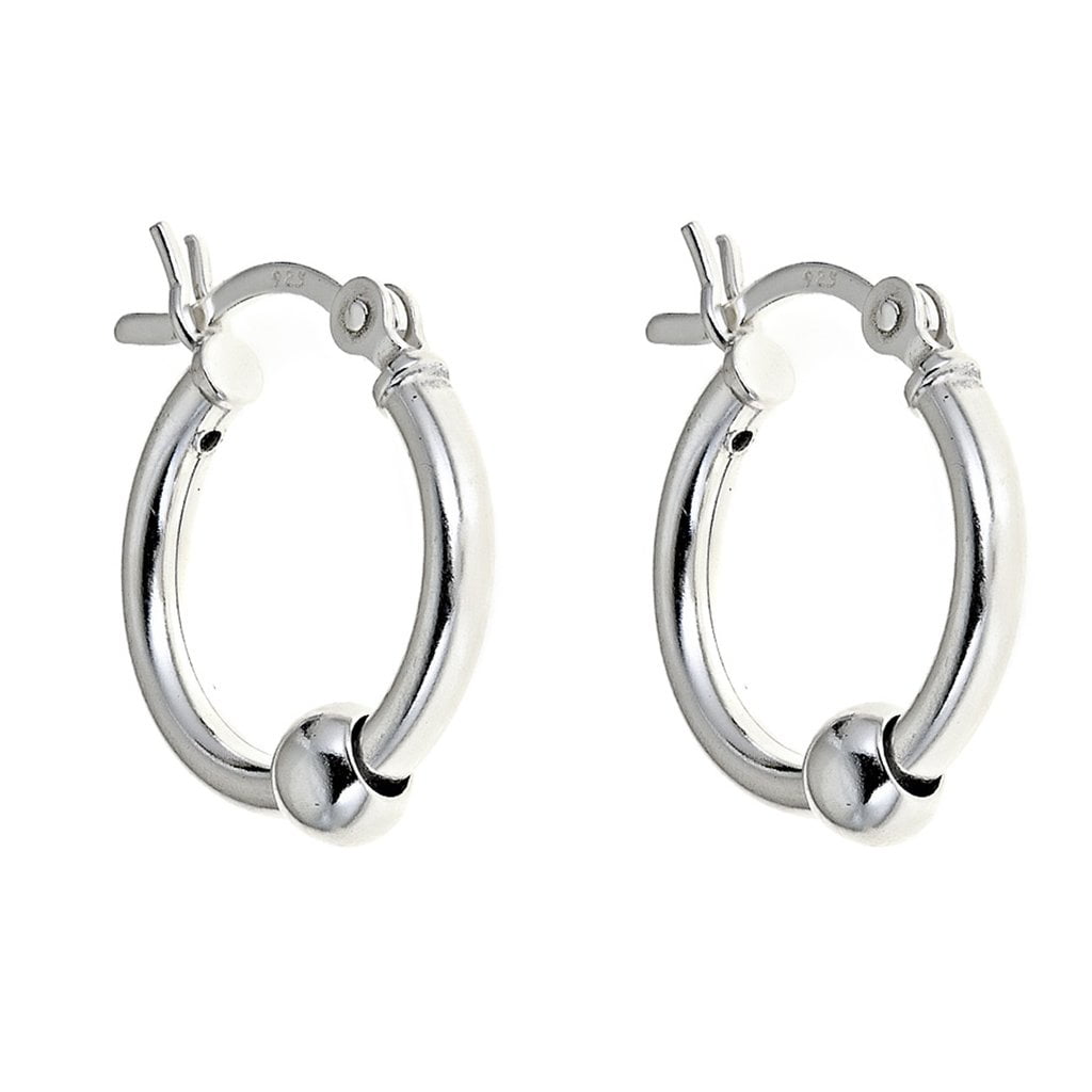 Solid Sterling 925 Silver Hoop Sleeper Creole Earrings with Clear Ball 