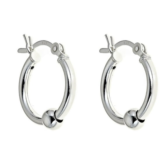 Sterling Silver Small Sliding Ball Tubular Snap Hoop Earrings 15mm