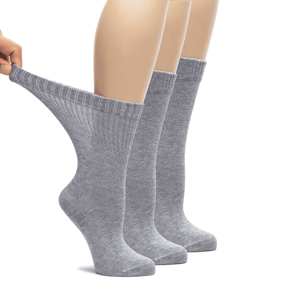 Hugh Ugoli Women's Bamboo Loose Fit Diabetic Crew Socks, Seamless Toe & Non-Binding Top for Swollen Feet, Soft, Extra Wide and Stretchy, 3 Pairs, Light Grey, Shoe Size: 6-9