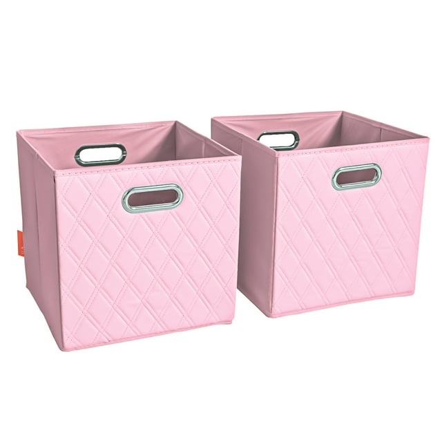 JIAessentials Set of 4 Foldable Faux Leather Cubby Cube Storage Bins Baskets 12 in for Shelves w Dual Handles for Shelves, Organizers & More Medium