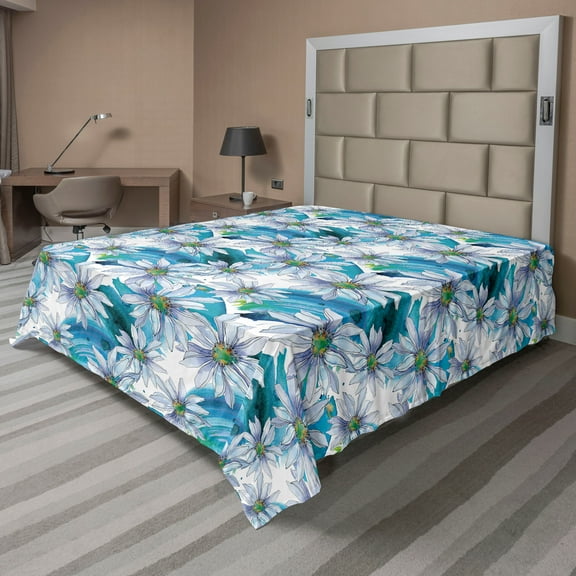 Ambesonne Chamomile Flat Bedding Sheet Soft Top Sheet, Art Modern Flowers Boho, California King, Sea Blue Soft Blue White