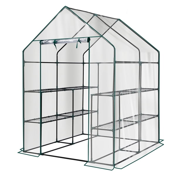 Mini Walk-in Greenhouse with PVC Cover, 8-Shelf Indoor Outdoor Plant Gardening Green House for Garden Backyard, 56" x 56" x 77", Transparent