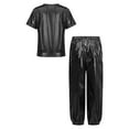 thumbnail image 5 of Xnihocha Kids Girls Metallic Jazz Dance Outfit Short Sleeve Sparkly T-shirt and Pants Shiny Hip Hop Dancewear Black 130, 5 of 7