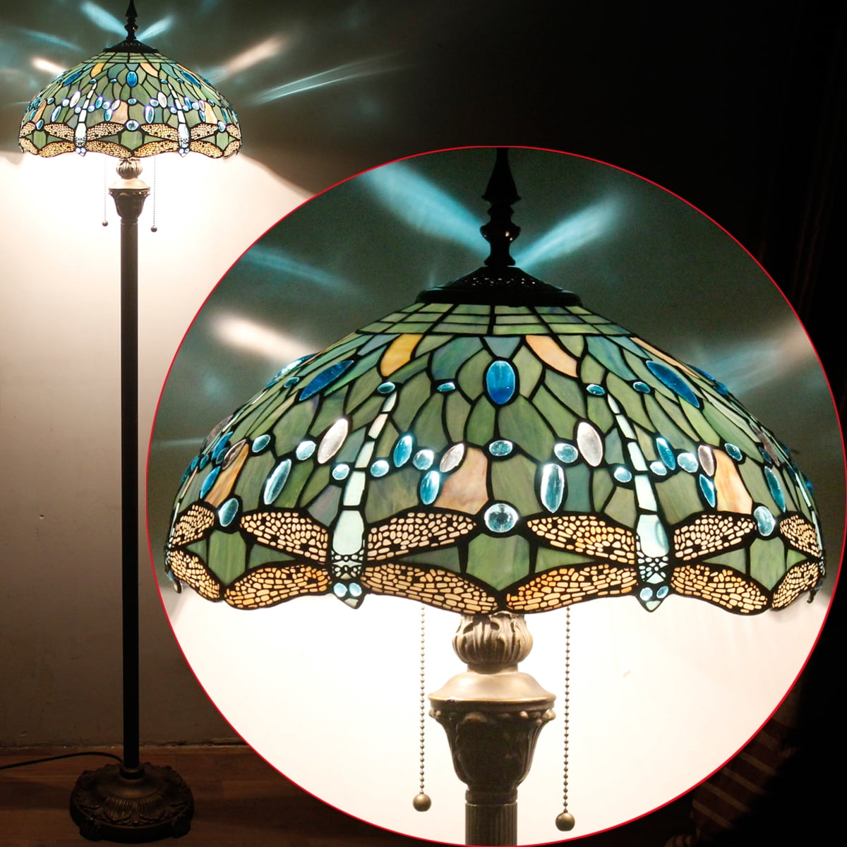 Werfactory 64" 2-Light Boho Antique Bronze Floor Lamp with Stained Glass Multicolor Dragonfly Dome