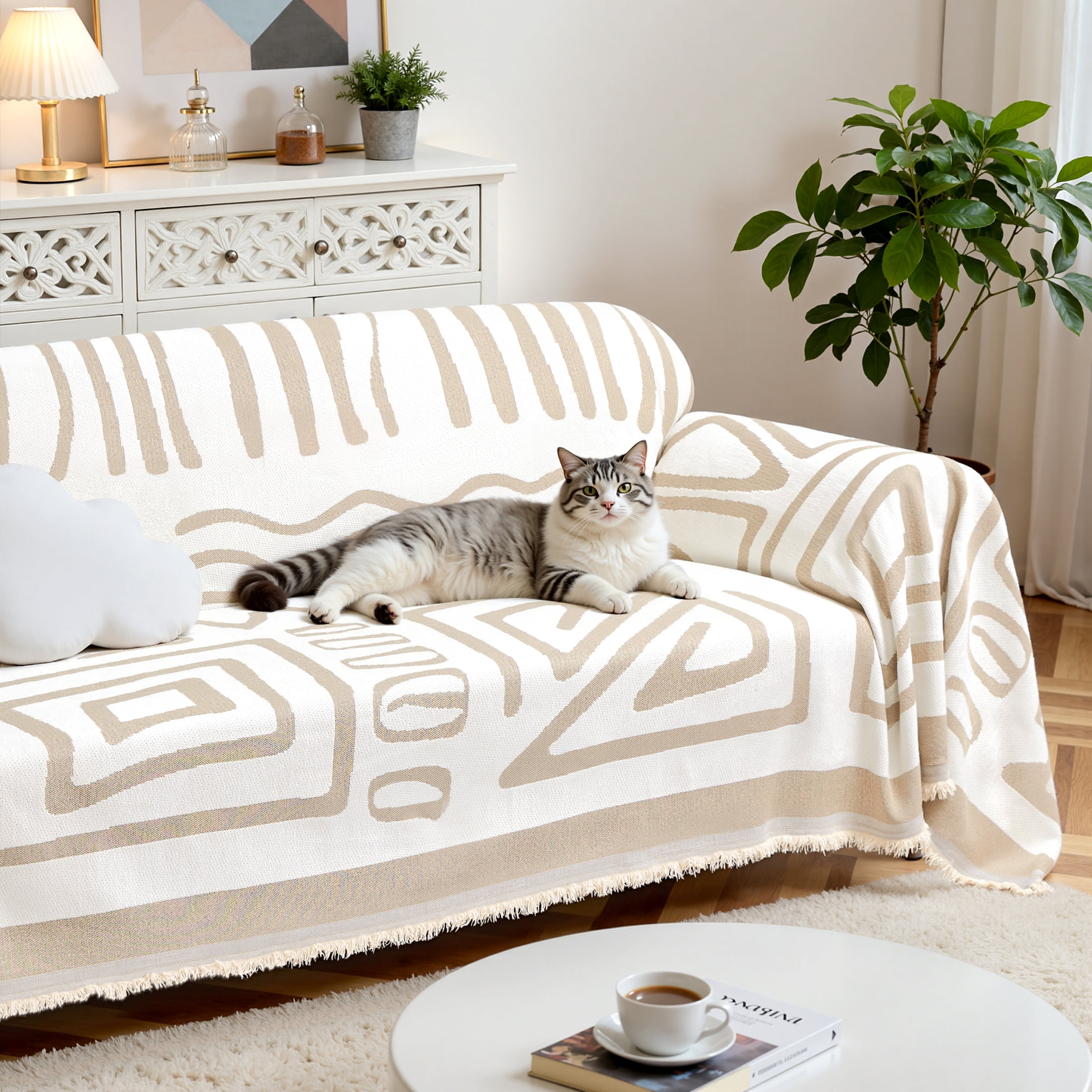 Dyfun Boho Reversible Sofa Cover - Pet-Proof Chenille Couch Protector & Decorative Throw for 3-Cushion Couches, 71"x134"