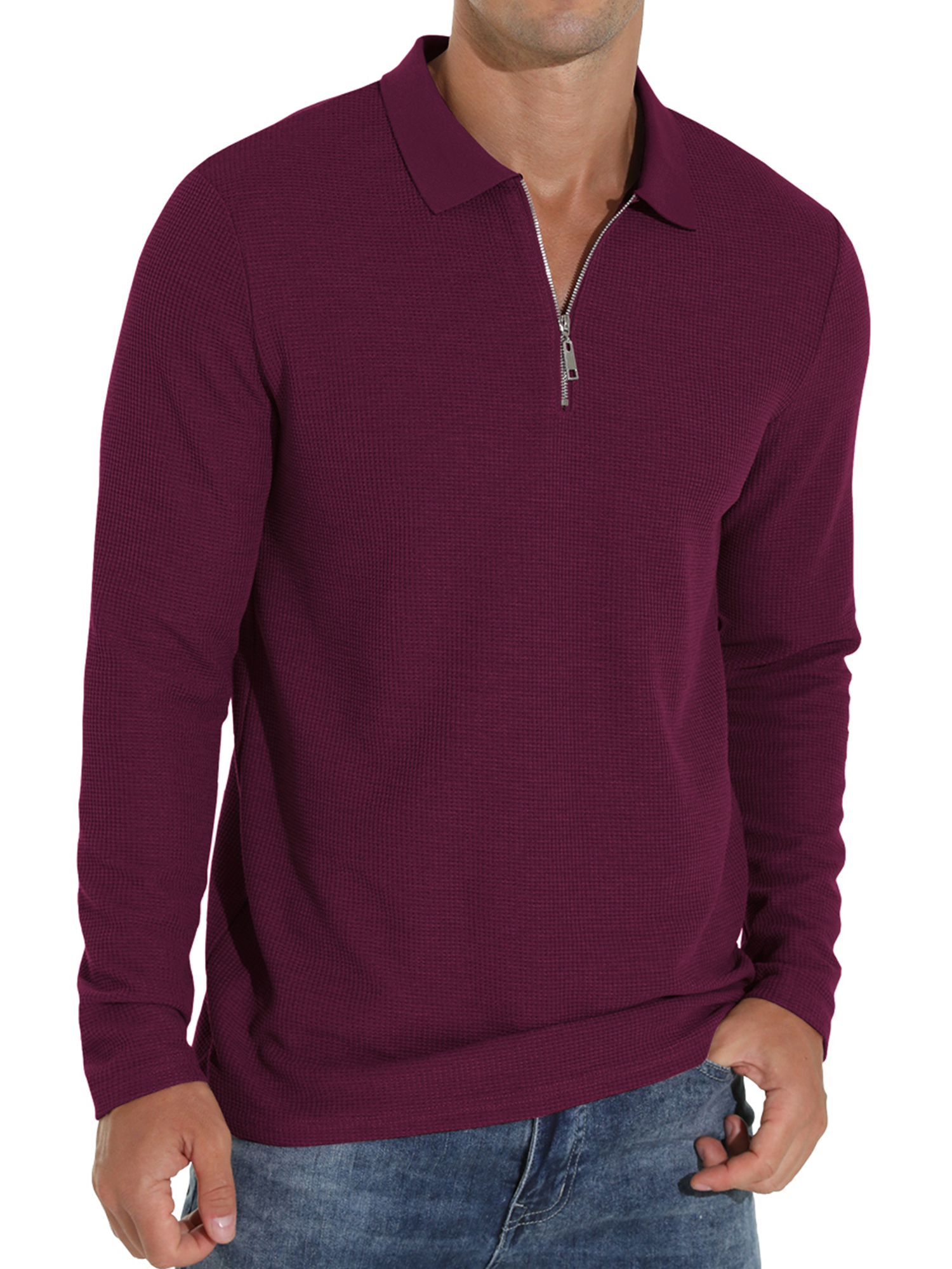 GIRUNS Men's Long Sleeve Quarter-Zip Waffle Knit Polo photo 1
