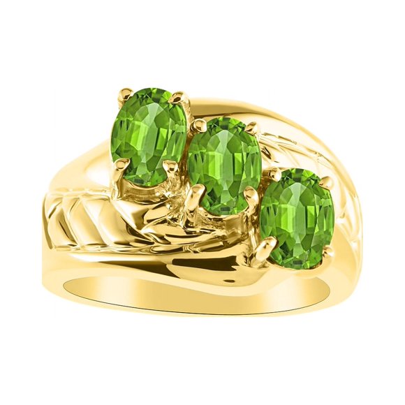 3 Stone Oval Shape Peridot Ring Set In 14K Yellow Gold - Color Stone Birthstone Ring LR7043PEY-D