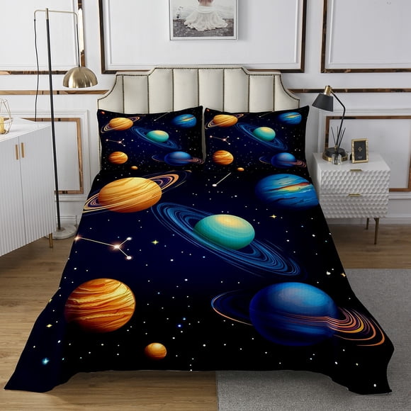 YST Kids Galaxy Bedspread Set King Size Teen Boys Outer Space Planet Coverlet Set Solar System Quilt Set Starry Sky Universe Stars Bed Set Soft Lightweight For All Season
