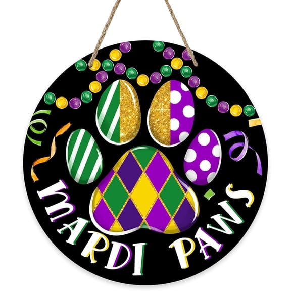 HELLOYOUNG Tin Mardi Gras Dog Cat Paw Prints Front Door Porch Sign New Orleans Carnival Outdoor Indoor Hanging Decor Pet Lover Gift Housewarming Tin Wreath Beads Wall Decor Welcome Hanger