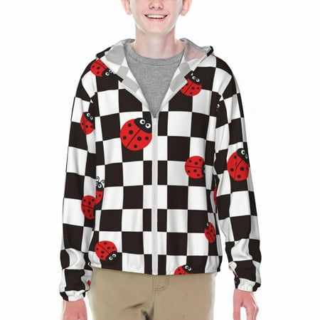 Gaeub Ladybugs Of Black And White Checkers Printed Sun Protection Hoodie Sun Protection Jacket Kids UPF 50+ Rash Guard Long Sleeve Zip Up Sun Protection Rashguard-XX-Large