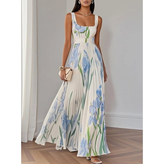 Spaghetti strap printed pleated floral maxi dress