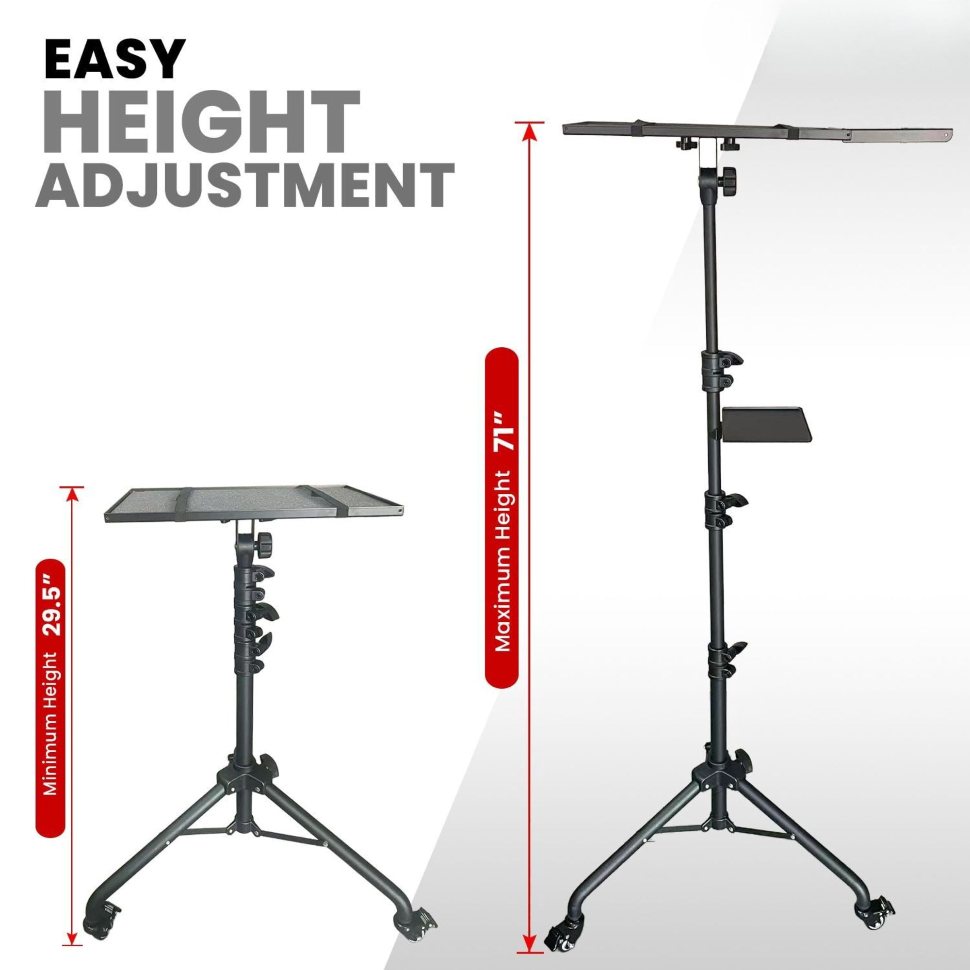 Adjustable Projector Stand Tripod - 71" Portable Laptop Floor Stand with 2 Trays
