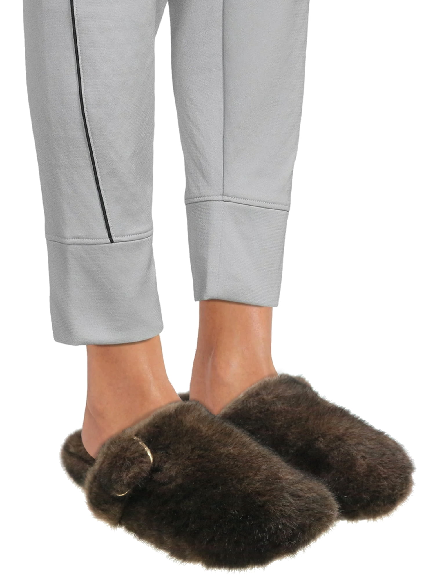 No Boundaries Women's Faux Fur Buckle Clog Slippers