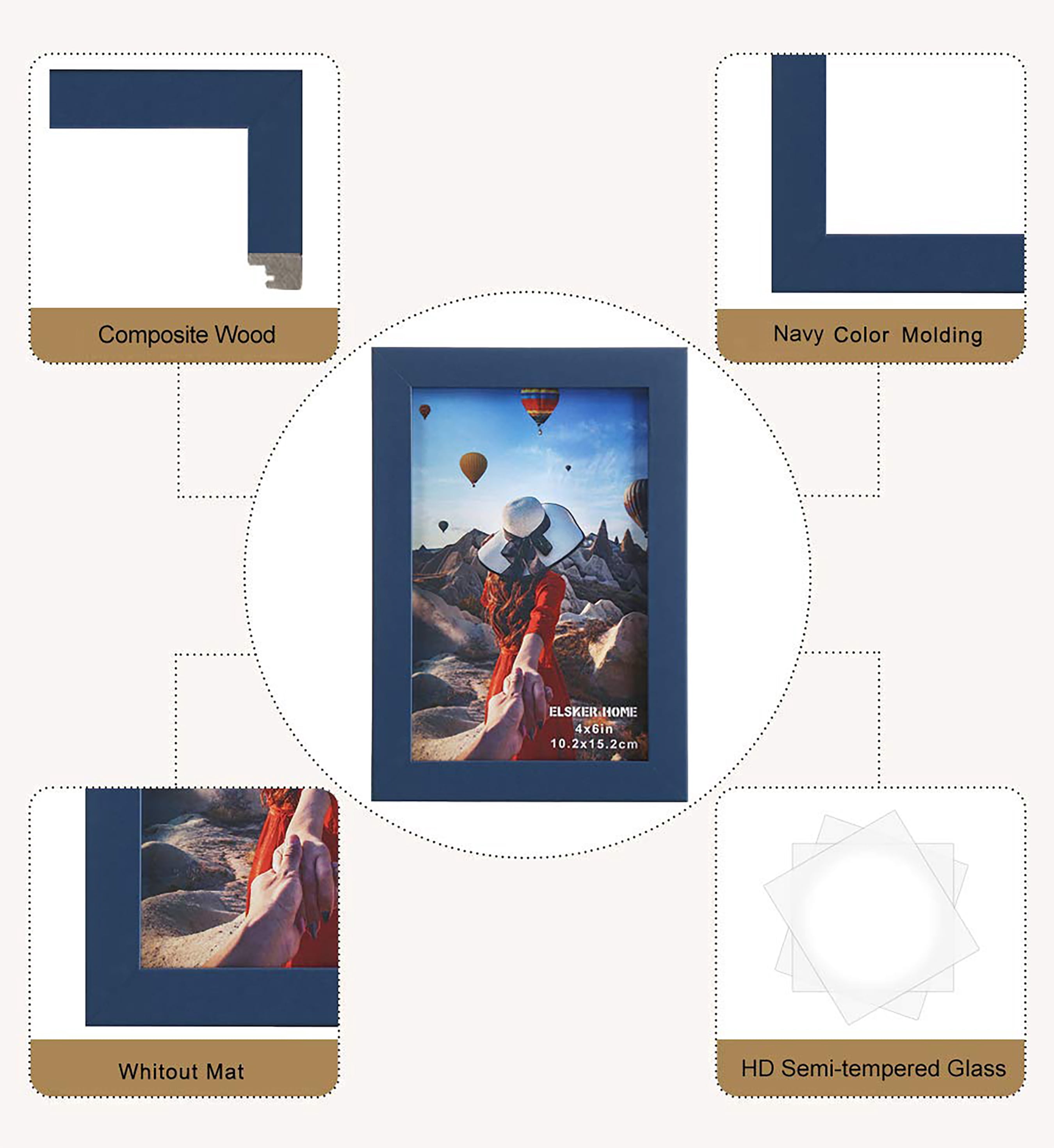 ELSKER&HOME 4x6 Picture Frame 6 Pack - Navy Blue Sturdy Wood Composite Photo Frame