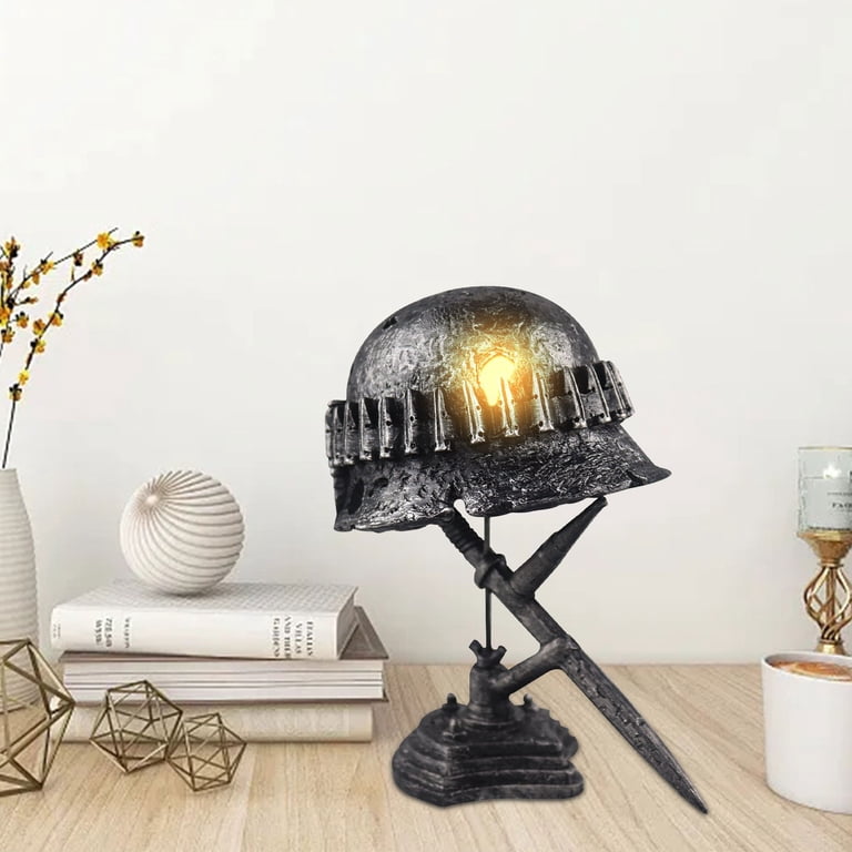 CxhicLuv War Lamp Table Lamp, WWII Soldier Helmet & Bayonet Resin