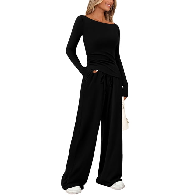 Conjunto de dos piezas para lounge PRETTYGARDEN Negro Manga Larga M