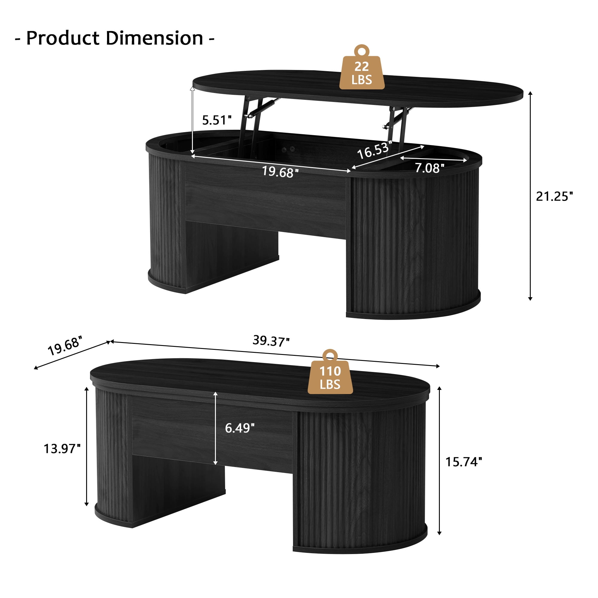 Wirrytor Lift Top Coffee Table with Storage and Open Storage Shelf, Oval Coffee Table  for Living Room, Elliptical Arc Design,Waveform Panel, Fluted Center Table,Black