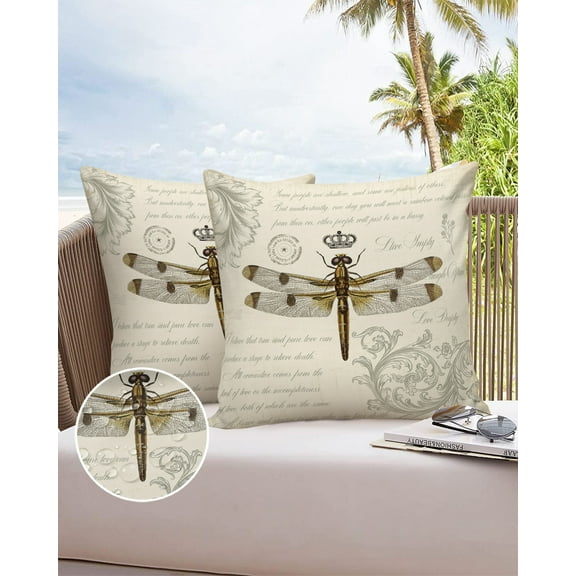Outdoor Throw Pillow Cover Dragonfly Royal Crown on Vintage Letter Waterproof Cushion Covers 2 Pack Farm Flower Plant Pillow Cases Home Decoration for Patio Garden Couch Sofa