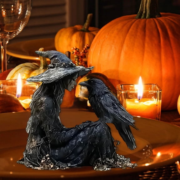Resin Witch and Raven Figurine, Sitting Dark Witch Statue with Crow, Gothic Halloween Tabletop Ornament for Indoor Home Party Decor