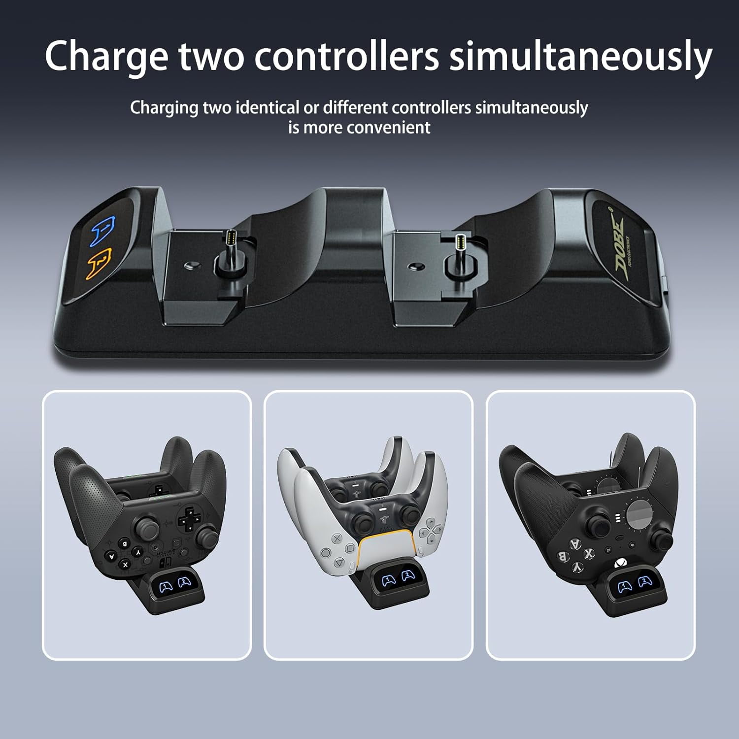Switch Controller Charger, Fast Charging Dock for Switch 2 Pro Controller 2025, Xbox Series X/S, PS 5, and Type-C Gamepads – Dual Charger Station with LED Indicators, and Type-C Adapter
