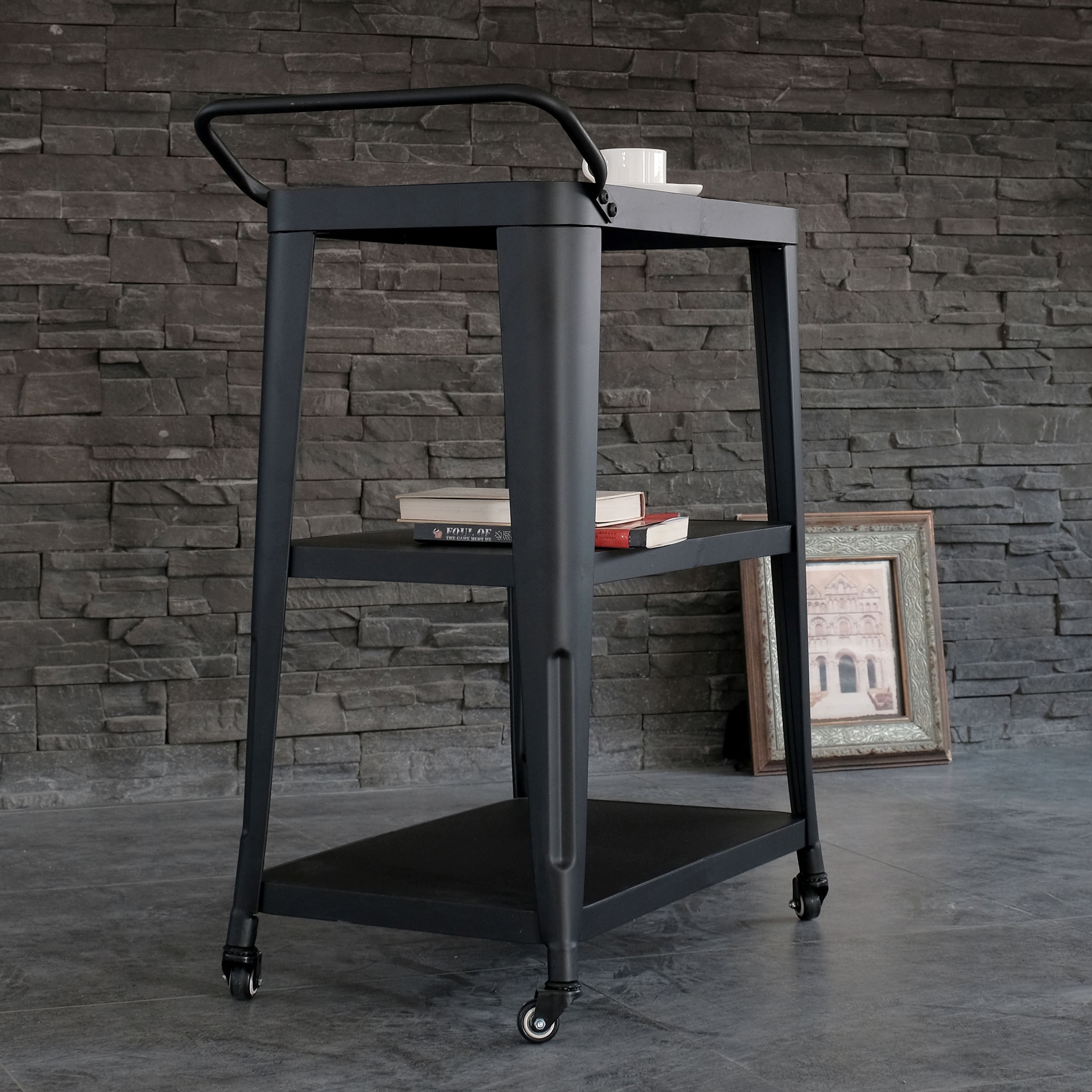 3-Tiered Metal Frame, Industrial Dining Cart with Swivel Wheels, Black