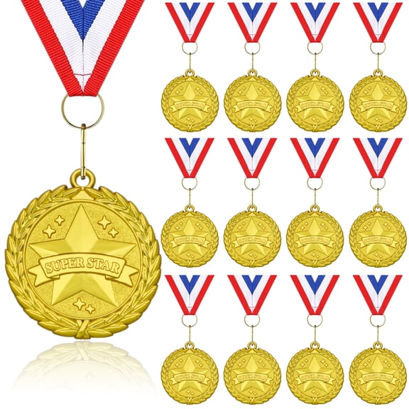 Gold SUPER STAR Medals, 12-Pack Metal Medal Sports Day Medals with Ribbon Necklace for Sports Day Prizes, Gymnastics Competitions, Party Gifts, Kids Adults