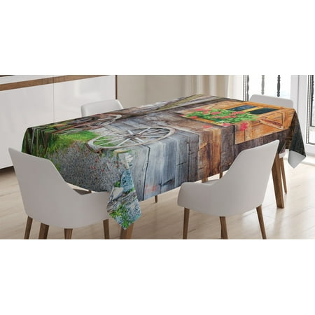 

Shutters Decor Tablecloth Weathered Old Window with Flowers in Pot Wheels Farmhouse Rural Scene Rectangular Table Cover for Dining Room Kitchen 60 X 90 Inches Brown Green Red by Ambesonne