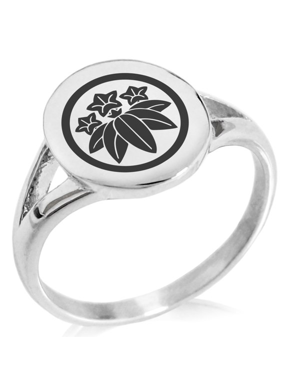 Stainless Steel Ishikawa Samurai Crest Minimalist Oval Top Polished Statement Signet Ring