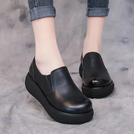 Women Platform Shoes New Leather Flats Casual Shoes for Women Round Head Slip-On Shoes Pumps Leisure Party Office Lady Loafers (black 35)