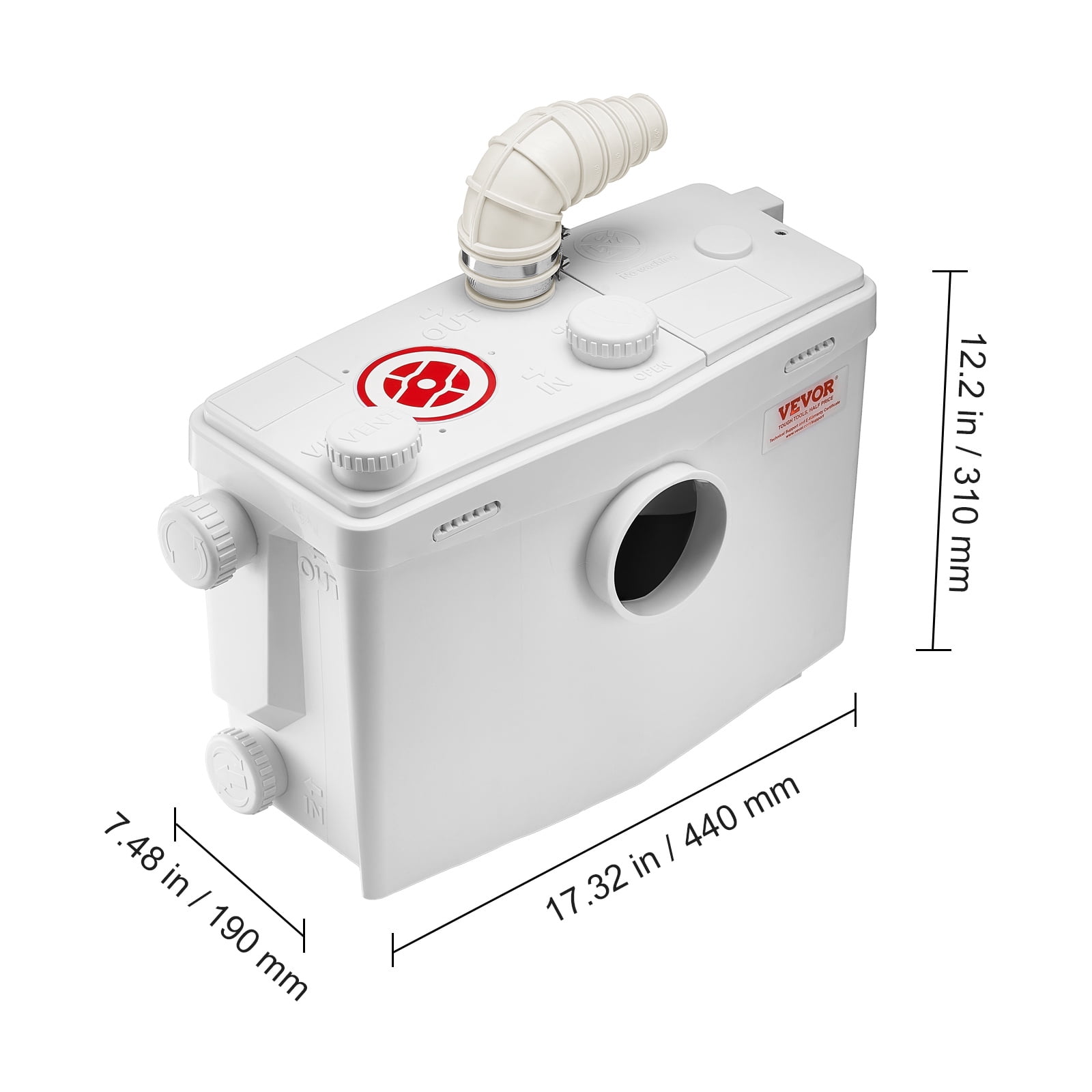 VEVOR Macerator Pump, 1200W, 48 GPM Flow, 33 ft/10 m Head, Macerator Sewerage Toilet Pump with 4 Water Inlets,Waste Water Disposal Upflush Machine for Toilet, Basement, Shower, Sink, Laundry,Bathtub