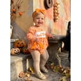 thumbnail image 6 of RUINIXCW Newborn Baby Girls Halloween Outfit Gingham Plaid Bubble Romper Long Sleeve Ghost Witch Hat Pumpkin Print Smocked Bodysuit Playsuit with Headband, 6 of 9