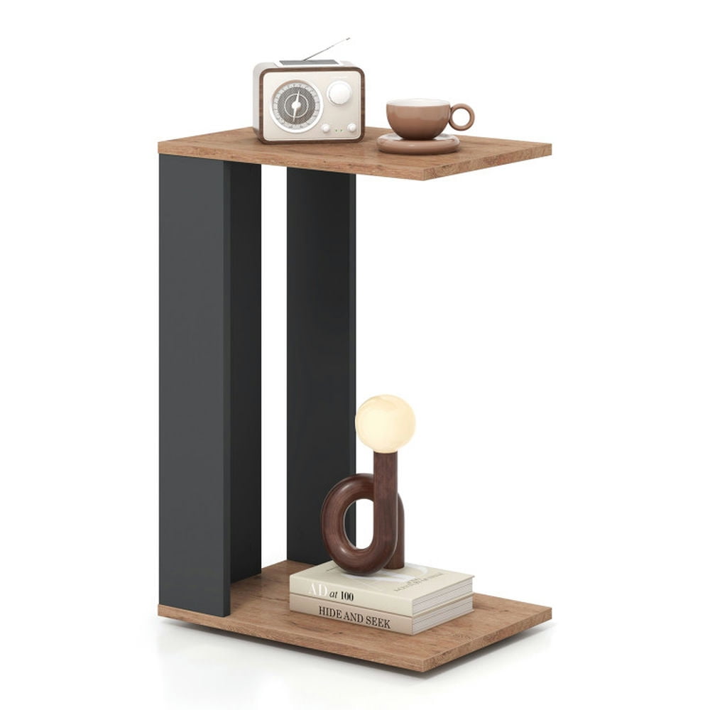 Kadyn Coffee Table,Desktop Table,Side Table,End Tables,Nightstand,2-Tier C-Shaped Side Table with Universal Wheels and Shelf-Rustic Brown